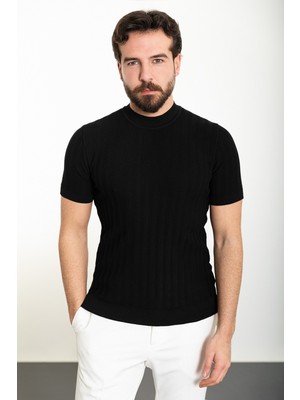 Çizgili Siyah Slim Fit Yarım Balıkçı Yaka Erkek Triko T-Shirt