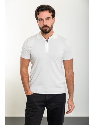 Düz Ekru Slim Fit Fermuarlı Polo Yaka Erkek Triko T-Shirt