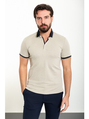 Düz Bej Slim Fit Polo Yaka Erkek T-Shirt