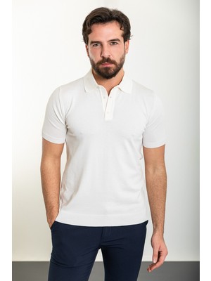 Düz Ekru Slim Fit Polo Yaka Erkek Triko T-Shirt