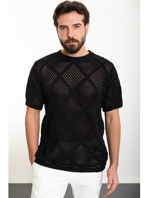 Desenli Siyah Oversize Bisiklet Yaka Erkek Triko T-Shirt