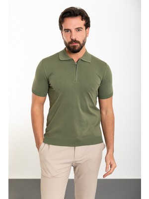 Düz Haki Slim Fit Fermuarlı Polo Yaka Erkek Triko T-Shirt