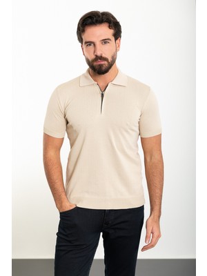Düz Bej Slim Fit Fermuarlı Polo Yaka Erkek Triko T-Shirt