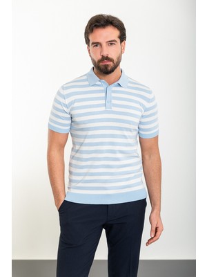 Yatay Çizgili Mavi Slim Fit Polo Yaka Erkek Triko T-Shirt