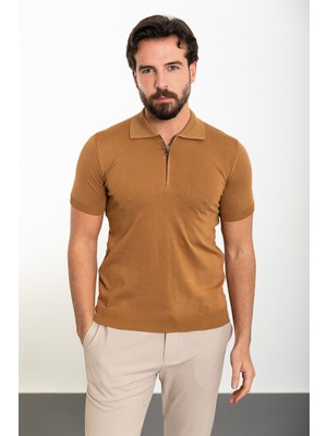 Düz Kamel Slim Fit Fermuarlı Polo Yaka Erkek Triko T-Shirt