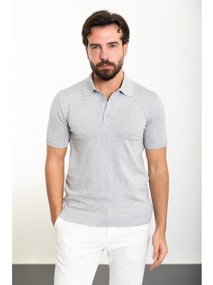 Düz Gri Slim Fit Polo Yaka Erkek Triko T-Shirt