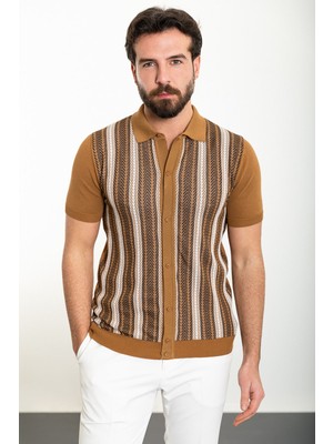 MCR Desenli Kamel Slim Fit Polo Yaka Erkek Triko Gömlek