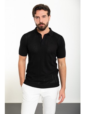 Desenli Siyah Slim Fit Polo Yaka Erkek Triko T-Shirt