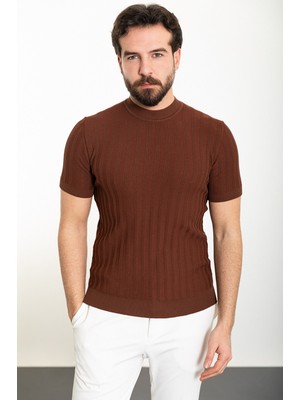 MCR Çizgili Kiremit Slim Fit Yarım Balıkçı Yaka Erkek Triko T-Shirt