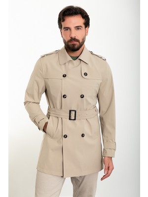 MCR Düz Slim Fit Kemerli Kruvaze Erkek Trenchcoat