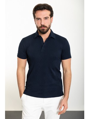Desenli Lacivert Slim Fit Polo Yaka Erkek T-Shirt