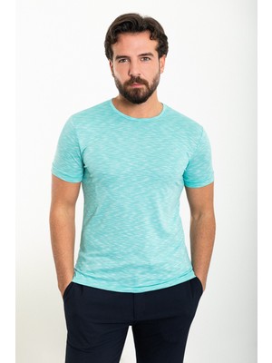 Kırçıllı Yeşil Slim Fit Bisiklet Yaka Erkek T-Shirt