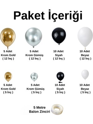 Balon Seti Krom Gold-Krom Gümüş-Siyah-Beyaz 60 Lı Balon Zinciri Seti