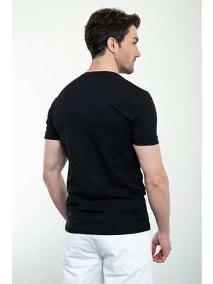 Baskılı Siyah Slim Fit Bisiklet Yaka Basic Erkek T-Shirt