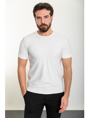 Çizgili Ekru Slim Fit Bisiklet Yaka Erkek T-Shirt