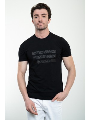 Baskılı Siyah Slim Fit Bisiklet Yaka Basic Erkek T-Shirt
