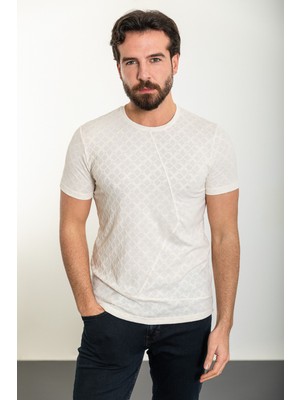 MCR Desenli Ekru Slim Fit Bisiklet Yaka Erkek T-Shirt