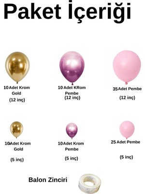 Balon Seti Krom Gold-Krom Pembe-Pastel Pembe 100 Lü Balon Zinciri Seti