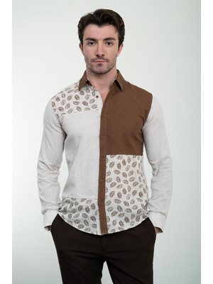 Parçalı Desenli Bej Slim Fit Keten Erkek Gömlek