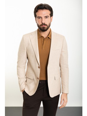 Kırçıllı Bej Slim Fit Mono Yaka Keten Erkek Ceket