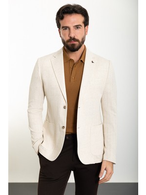 Desenli Ekru Slim Fit Torba Cep Mono Yaka Erkek Ceket