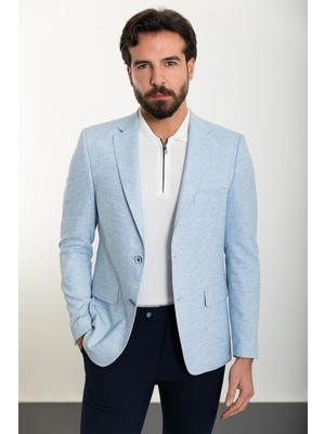 MCR Kırçıllı Mavi Slim Fit Mono Yaka Keten Erkek Ceket