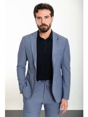 MCR Çizgili Indigo Slim Fit Torba Cep Mono Yaka Gofre Erkek Takım Elbise