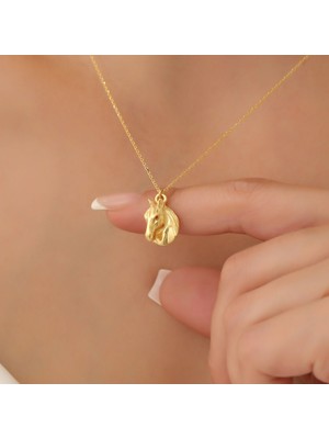 Nox Jewelry 14 Ayar Altın Mikron Kaplama Üç Boyutlu At Başı Figürlü Minimal Gümüş Kolye - CN00355