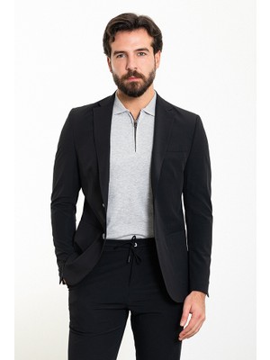 MCR Düz Siyah Slim Fit Torba Cep Mono Yaka Spor Erkek Takım Elbise