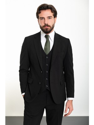Düz Siyah Slim Fit Mono Yaka 4 Drop Klasik Erkek Takım Elbise