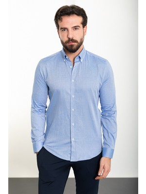 Düz Saks Slim Fit Uzun Kollu Erkek Gömlek