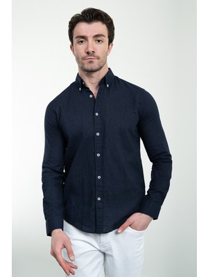 Düz Lacivert Slim Fit Keten Erkek Gömlek