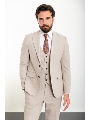 MCR Düz Bej Slim Fit Mono Yaka Klasik Erkek Takım Elbise