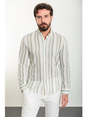 Çizgili Yeşil Slim Fit Uzun Kollu Erkek Gömlek