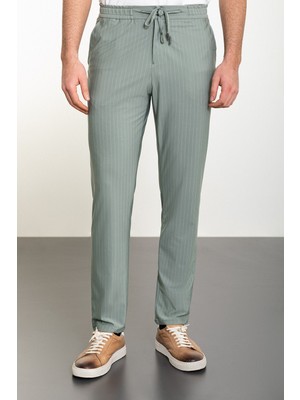 Çizgili Açık Yeşil Super Slim Fit Beli Lastikli Ipli Erkek Pantolon