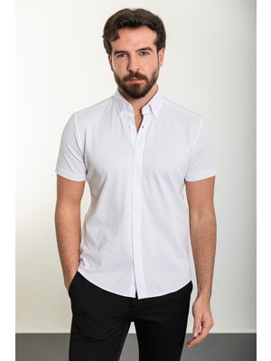 Düz Beyaz Slim Fit Kısa Kollu Erkek Gömlek