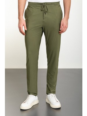 MCR Çizgili Haki Super Slim Fit Beli Lastikli İpli Erkek Pantolon
