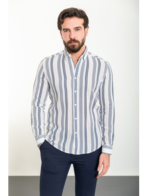 Çizgili Lacivert Slim Fit Uzun Kollu Erkek Gömlek