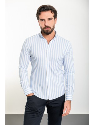 Çizgili Mavi Slim Fit Uzun Kollu Erkek Gömlek