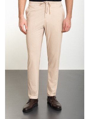 Çizgili Bej Super Slim Fit Beli Lastikli Ipli Erkek Pantolon