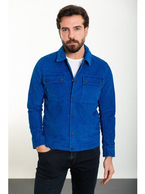 MCR Çizgili Indigo Slim Fit Gömlek Yaka Kadife Erkek Mont