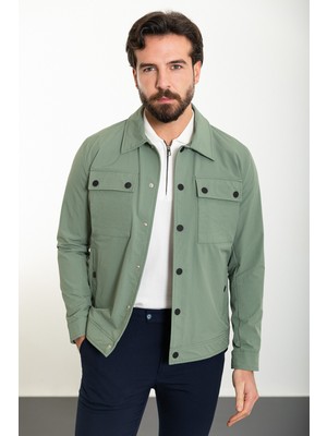 Düz Yeşil Slim Fit Gömlek Yaka Erkek Mont