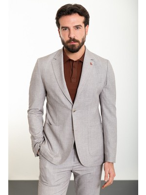 MCR Desenli Bej Slim Fit Torba Cep Mono Yaka Erkek Takım Elbise