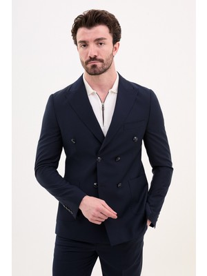 Düz Lacivert Slim Fit Geniş Yaka Kruvaze Erkek Takım Elbise