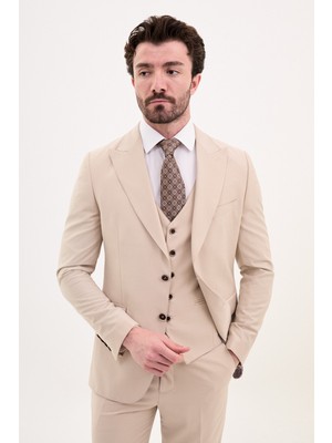 Düz Taş Rengi Slim Fit Geniş Yaka Erkek Takım Elbise