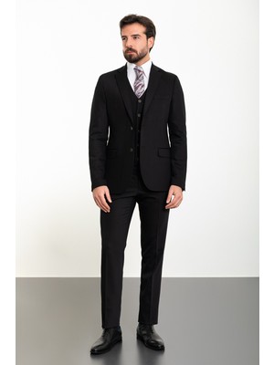 Düz Siyah Slim Fit Mono Yaka 8 Drop Klasik Erkek Takım Elbise