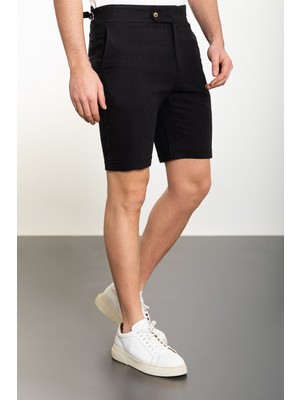 MCR Düz Siyah Super Slim Fit Kemerli Keten Erkek Şort