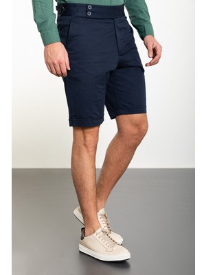Düz Lacivert Super Slim Fit Kemerli Erkek Şort