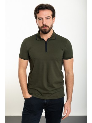 Düz Haki Slim Fit Fermuarlı Polo Yaka Erkek T-Shirt