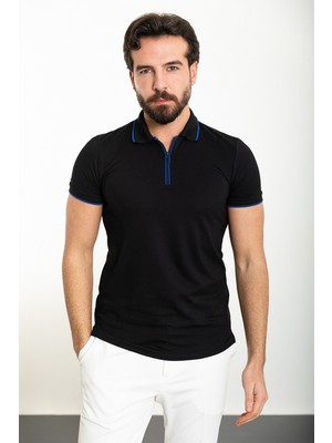 Düz Siyah Slim Fit Fermuarlı Polo Yaka Erkek T-Shirt